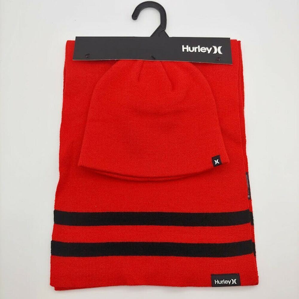 NEW Hurley Men's New Yorker Beanie & Scarf 2 Piece Set Red White Stripe OS - Picture 1 of 7